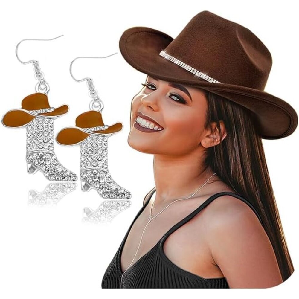 Cowgirl Hat and Earrings Set Polyester Rhinestone Western Accessories